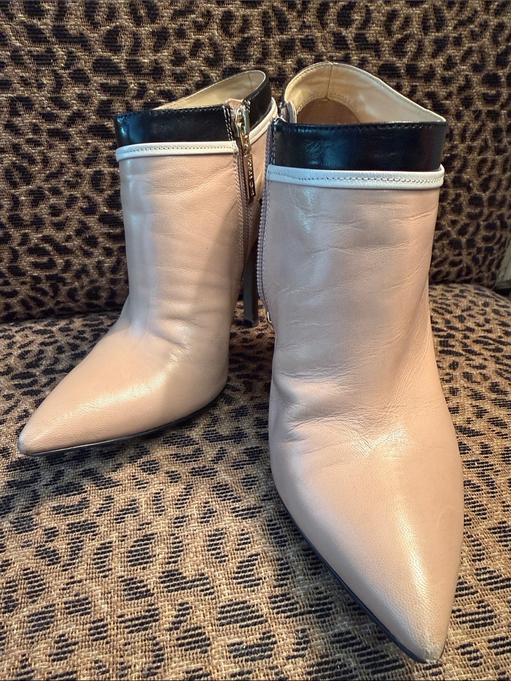 Ivanka Trump Leather Pointed Toe Women’s Ankle Boots in Nude with Black Trim